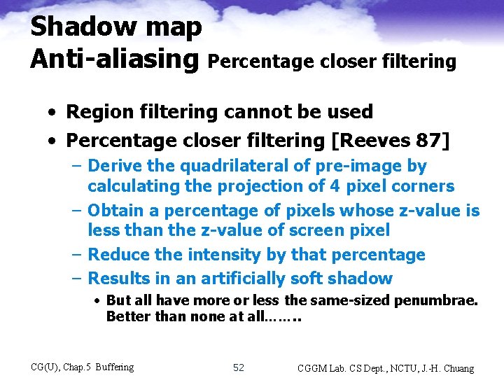 Shadow map Anti-aliasing Percentage closer filtering • Region filtering cannot be used • Percentage