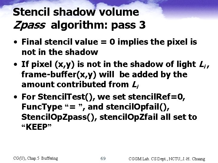 Stencil shadow volume Zpass algorithm: pass 3 • Final stencil value = 0 implies