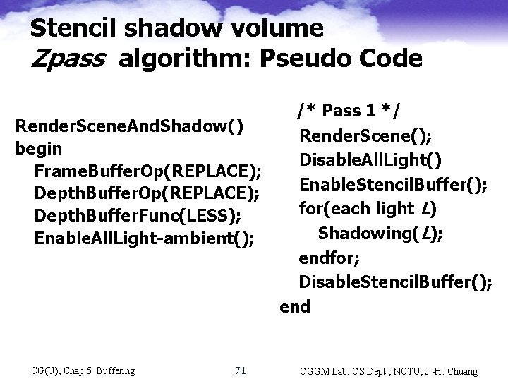 Stencil shadow volume Zpass algorithm: Pseudo Code /* Pass 1 */ Render. Scene. And.