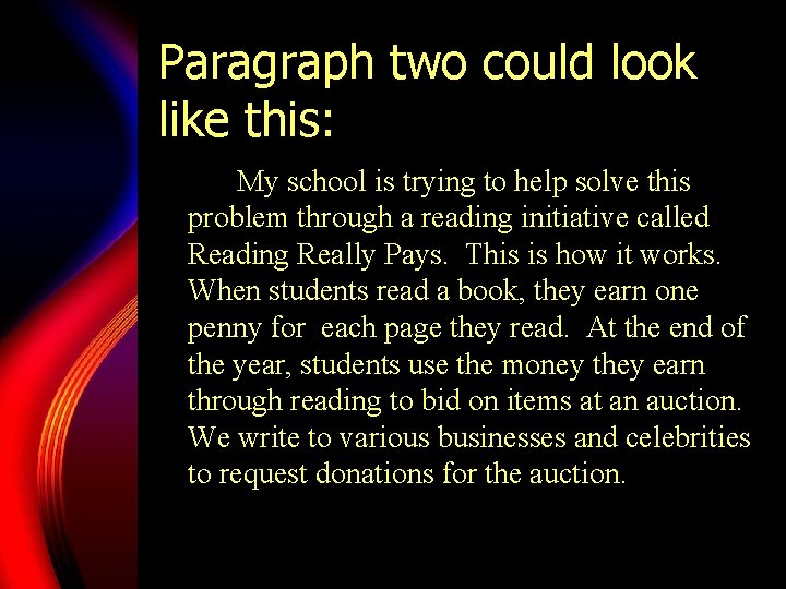 Paragraph two could look like this: My school is trying to help solve this