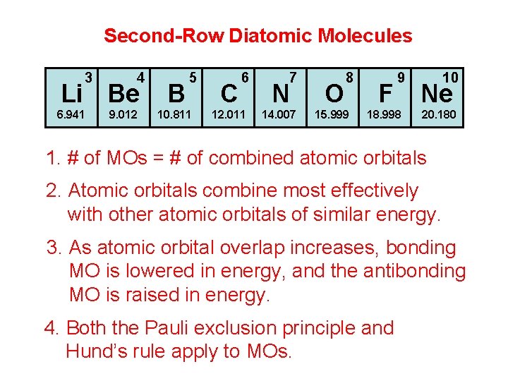 Second-Row Diatomic Molecules 3 4 Li Be 6. 941 9. 012 B 5 10.