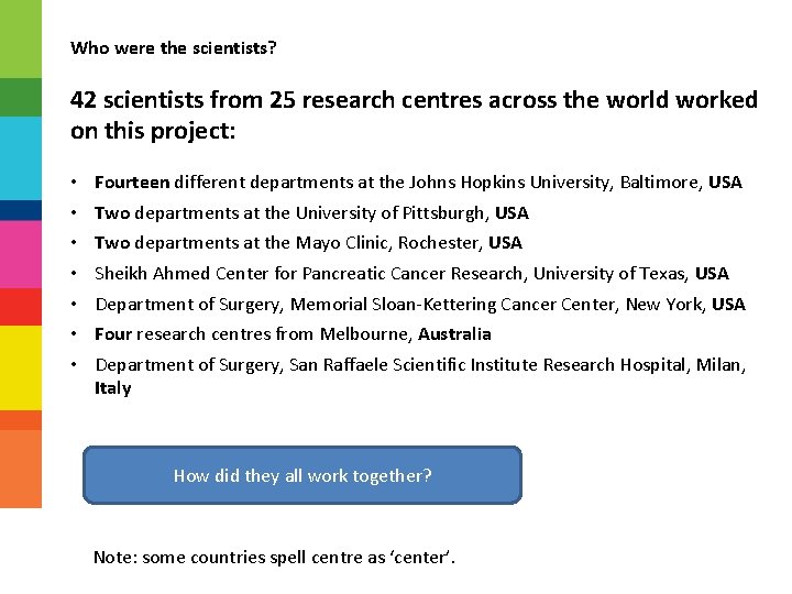 Who were the scientists? 42 scientists from 25 research centres across the world worked