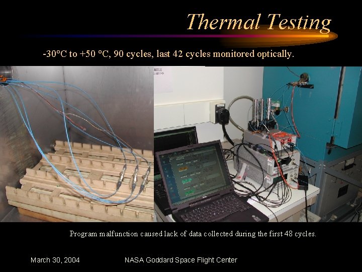 Thermal Testing -30°C to +50 °C, 90 cycles, last 42 cycles monitored optically. Program