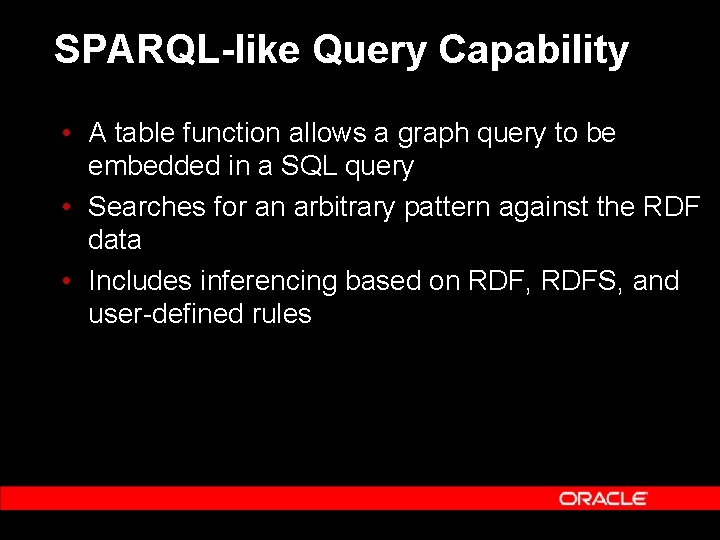SPARQL-like Query Capability • A table function allows a graph query to be embedded