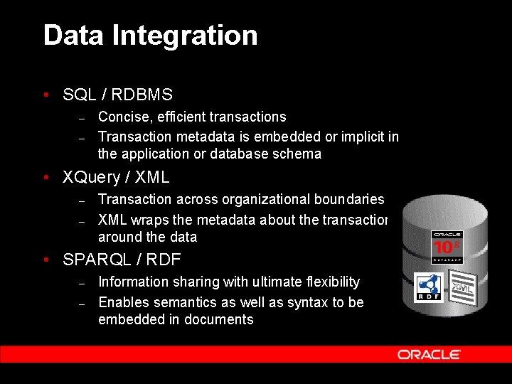 Data Integration • SQL / RDBMS – – Concise, efficient transactions Transaction metadata is