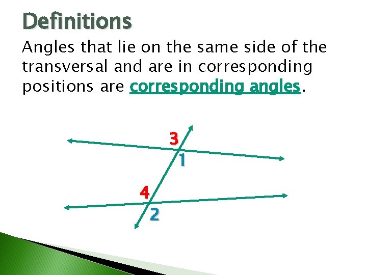 Definitions Angles that lie on the same side of the transversal and are in