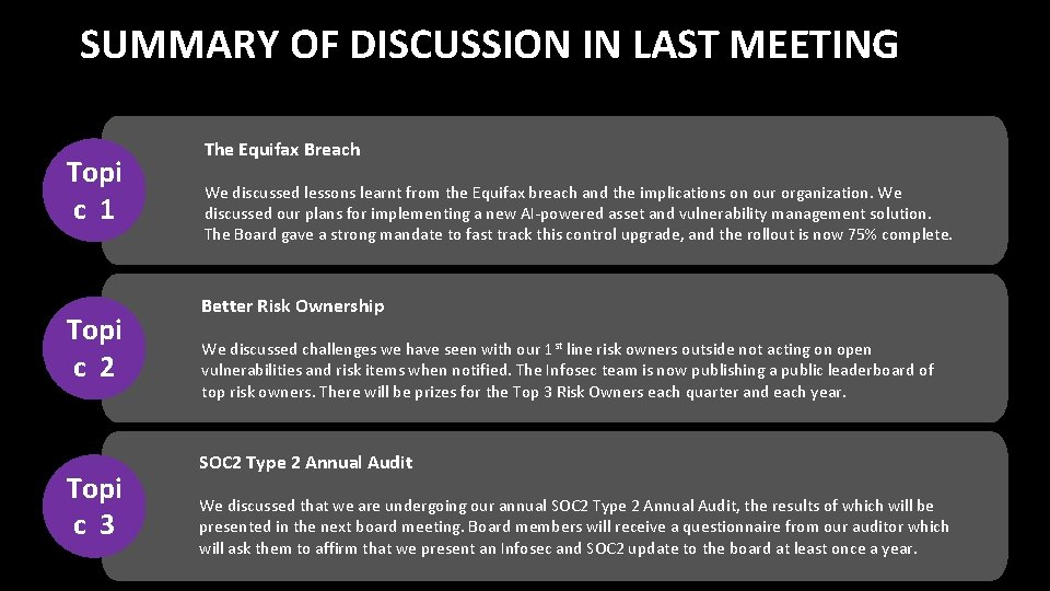 SUMMARY OF DISCUSSION IN LAST MEETING Topi c 1 Topi c 2 Topi c