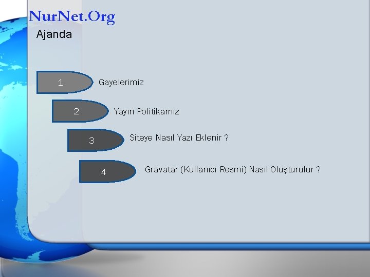 Nur. Net. Org Ajanda Gayelerimiz 1 Yayın Politikamız 2 Siteye Nasıl Yazı Eklenir ?