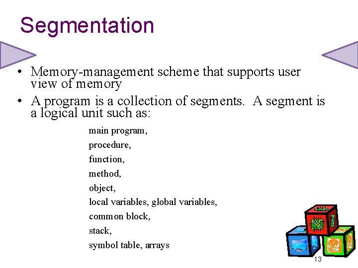 Segmentation • Memory-management scheme that supports user view of memory • A program is