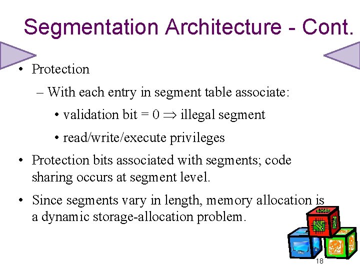 Segmentation Architecture - Cont. • Protection – With each entry in segment table associate: