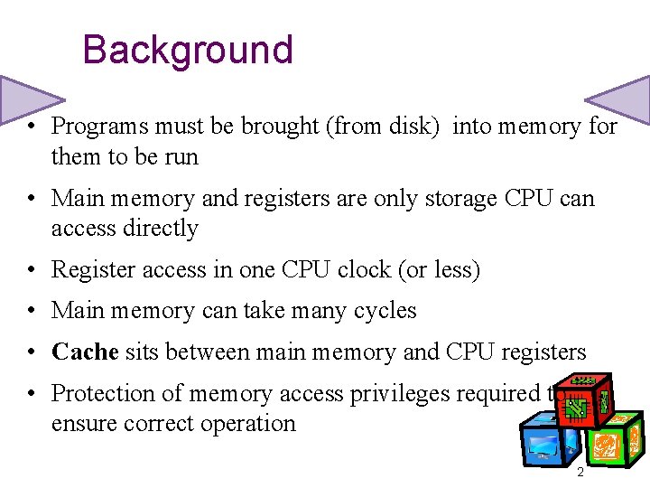 Background • Programs must be brought (from disk) into memory for them to be