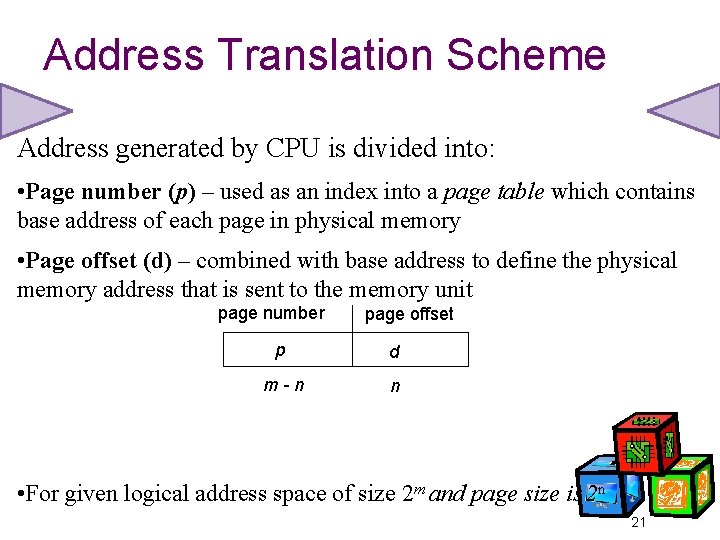 Address Translation Scheme Address generated by CPU is divided into: • Page number (p)