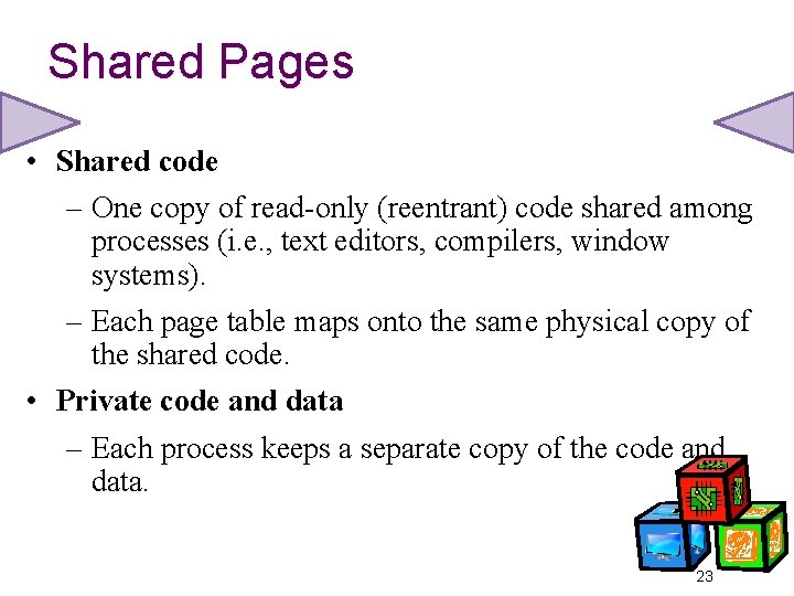 Shared Pages • Shared code – One copy of read-only (reentrant) code shared among
