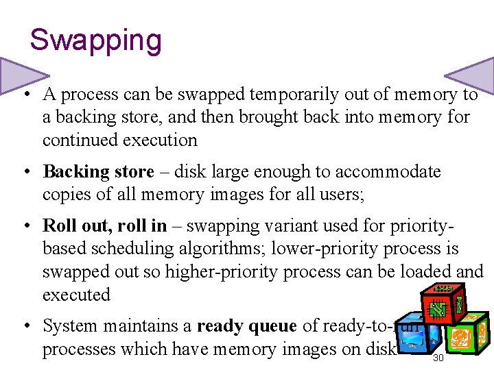 Swapping • A process can be swapped temporarily out of memory to a backing