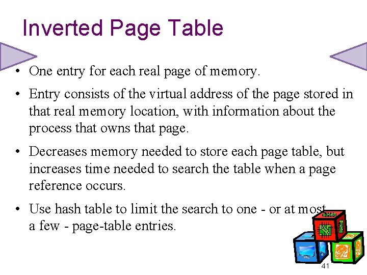 Inverted Page Table • One entry for each real page of memory. • Entry