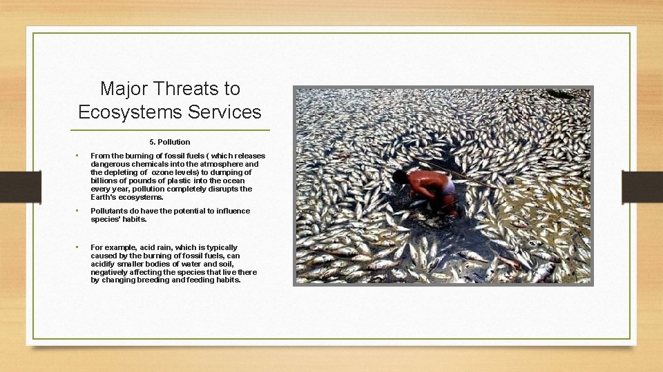 Major Threats to Ecosystems Services 5. Pollution • From the burning of fossil fuels