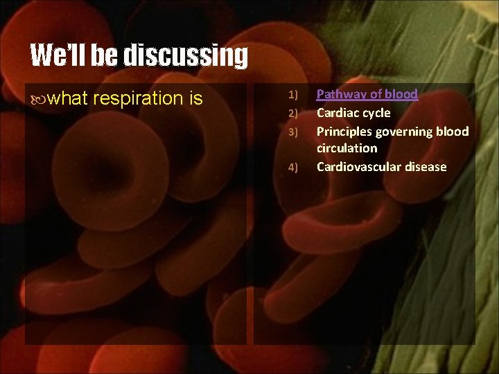 We’ll be discussing what respiration is 1) 2) 3) 4) Pathway of blood Cardiac
