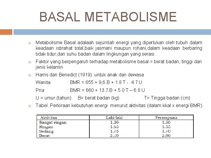 BASAL METABOLISME Metabolisme Basal adalaah sejumlah energi yang diperlukan oleh tubuh dalam keadaan istirahat