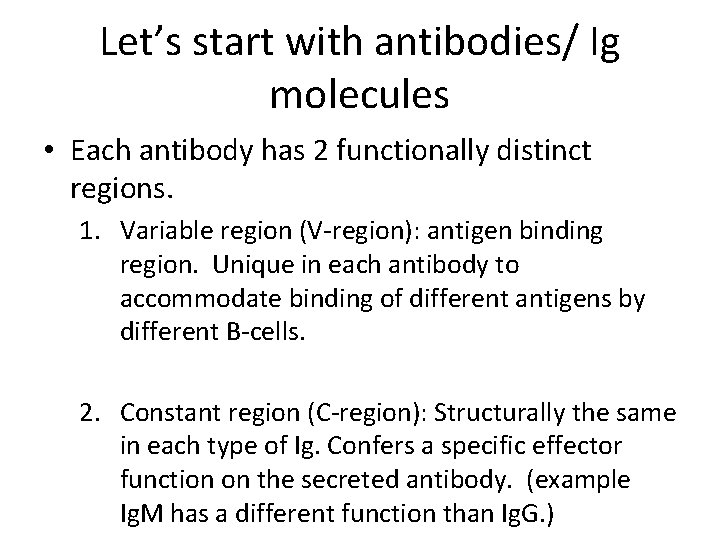 Let’s start with antibodies/ Ig molecules • Each antibody has 2 functionally distinct regions.