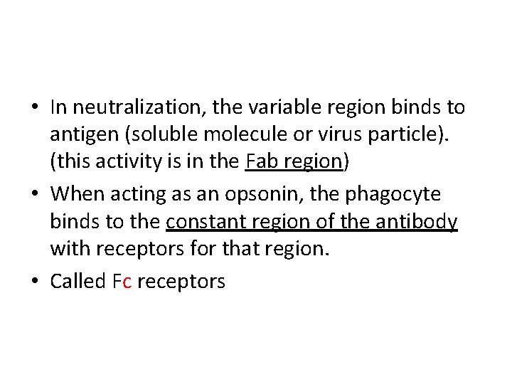  • In neutralization, the variable region binds to antigen (soluble molecule or virus