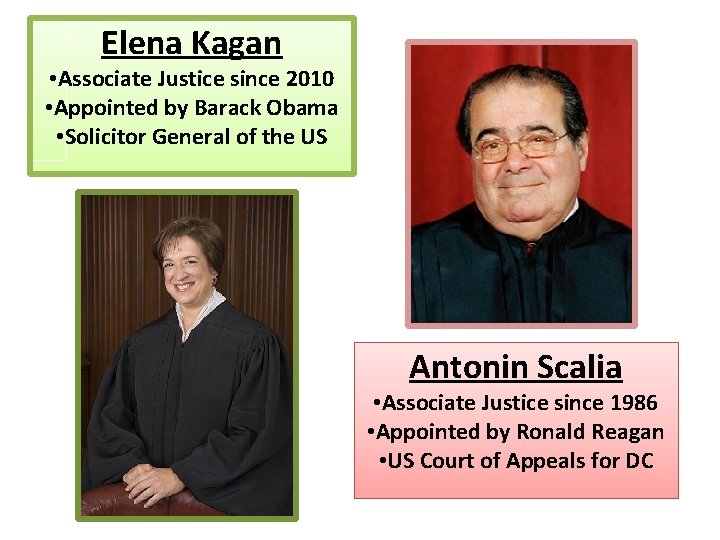 Elena Kagan • Associate Justice since 2010 • Appointed by Barack Obama • Solicitor