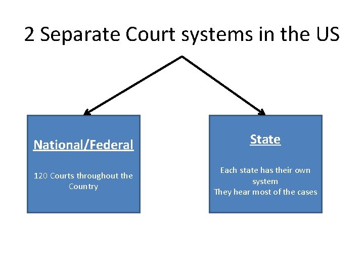 2 Separate Court systems in the US National/Federal 120 Courts throughout the Country State