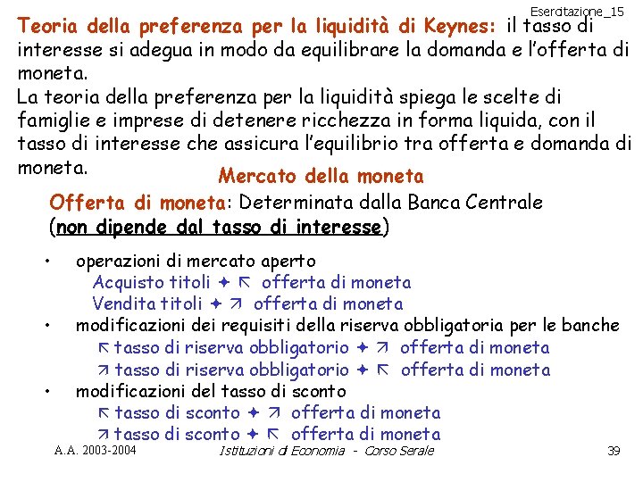 Esercitazione_15 Teoria della preferenza per la liquidità di Keynes: il tasso di interesse si