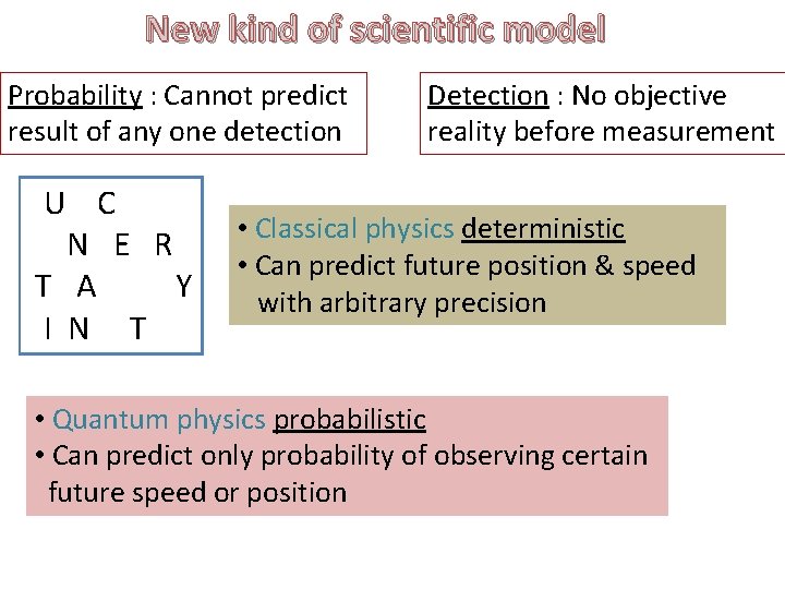 New kind of scientific model Probability : Cannot predict result of any one detection