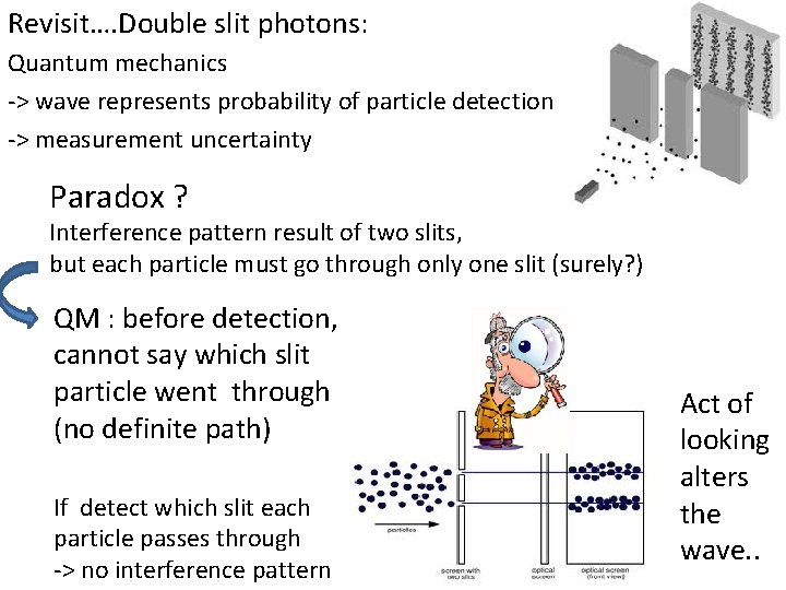 Revisit…. Double slit photons: Quantum mechanics -> wave represents probability of particle detection ->