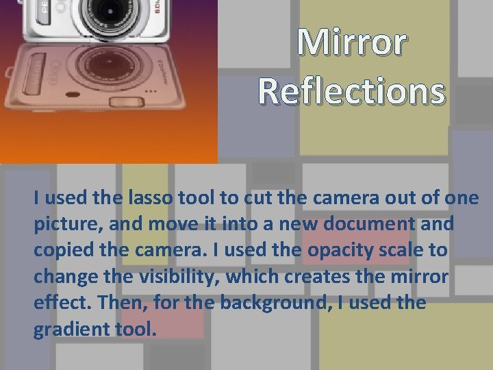 Mirror Reflections I used the lasso tool to cut the camera out of one