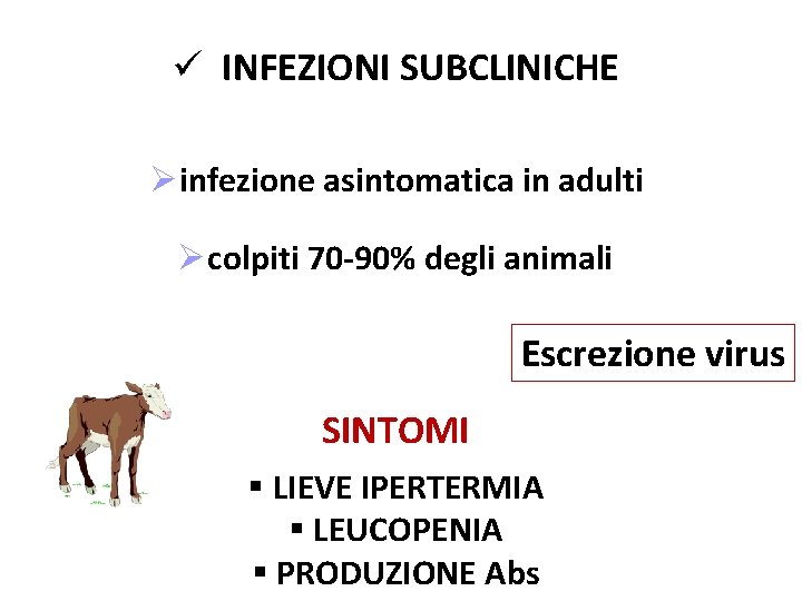 ü INFEZIONI SUBCLINICHE Øinfezione asintomatica in adulti Øcolpiti 70 -90% degli animali Escrezione virus