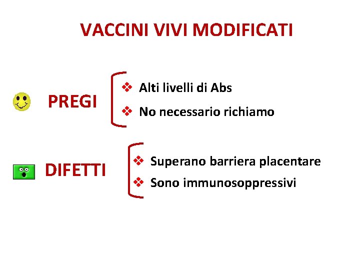 VACCINI VIVI MODIFICATI PREGI DIFETTI v Alti livelli di Abs v No necessario richiamo