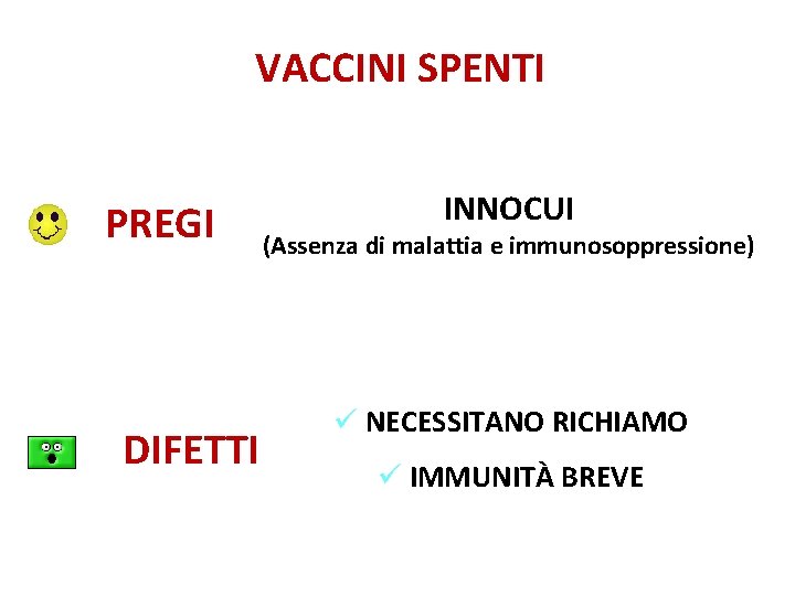 VACCINI SPENTI PREGI DIFETTI INNOCUI (Assenza di malattia e immunosoppressione) ü NECESSITANO RICHIAMO ü