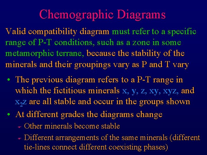 Chemographic Diagrams Valid compatibility diagram must refer to a specific range of P-T conditions,