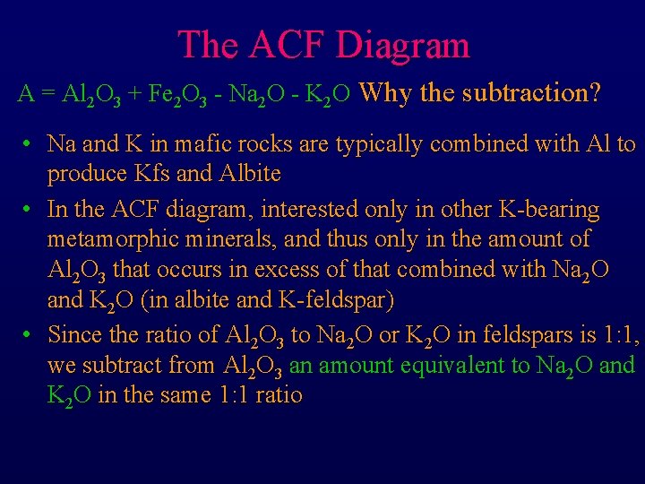 The ACF Diagram A = Al 2 O 3 + Fe 2 O 3