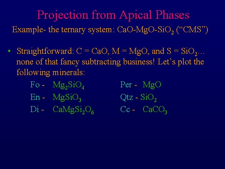 Projection from Apical Phases Example- the ternary system: Ca. O-Mg. O-Si. O 2 (“CMS”)