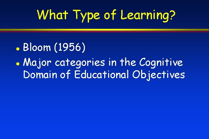 What Type of Learning? Bloom (1956) Major categories in the Cognitive Domain of Educational