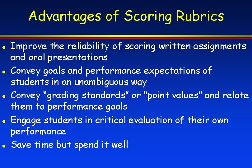 Advantages of Scoring Rubrics Improve the reliability of scoring written assignments and oral presentations