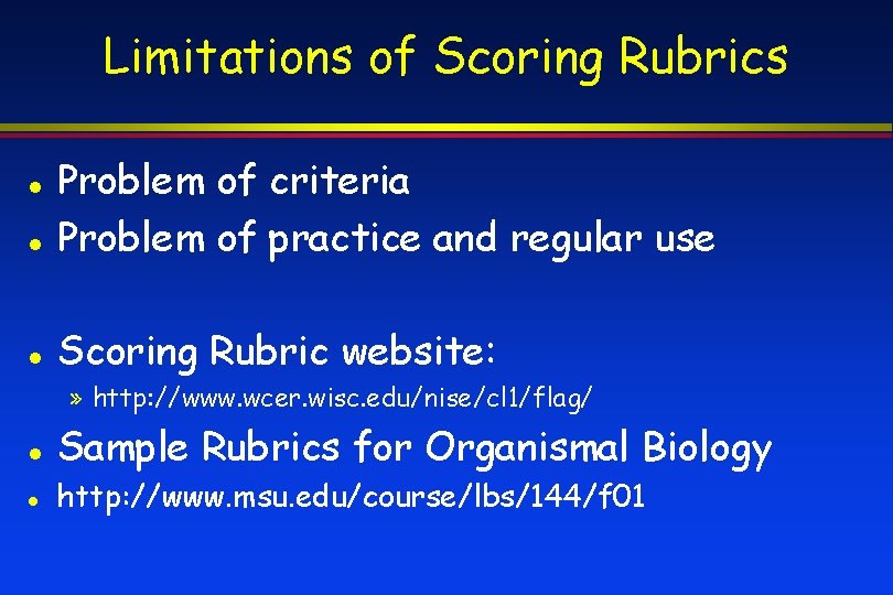 Limitations of Scoring Rubrics Problem of criteria Problem of practice and regular use Scoring