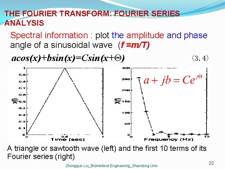 THE FOURIER TRANSFORM: FOURIER SERIES ANALYSIS Spectral information : plot the amplitude and phase