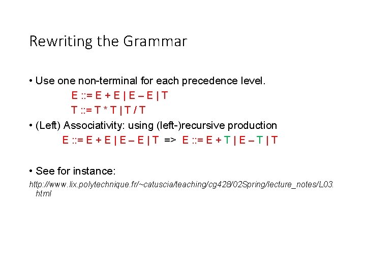 Rewriting the Grammar • Use one non-terminal for each precedence level. E : :