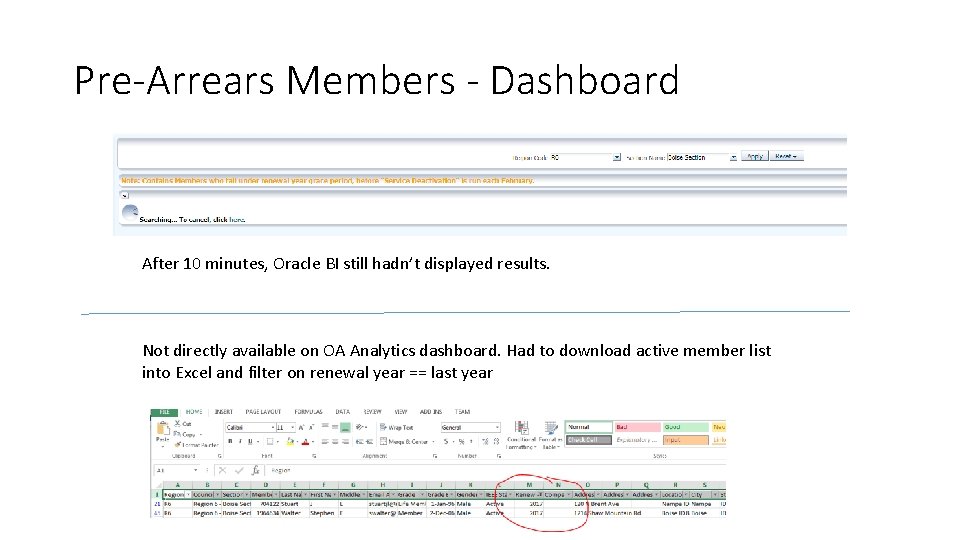 Pre-Arrears Members - Dashboard After 10 minutes, Oracle BI still hadn’t displayed results. Not