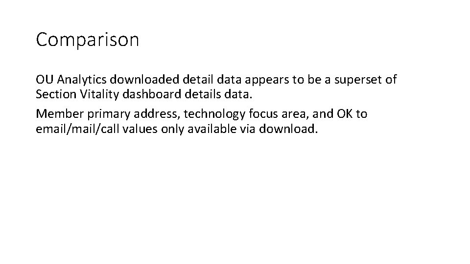 Comparison OU Analytics downloaded detail data appears to be a superset of Section Vitality