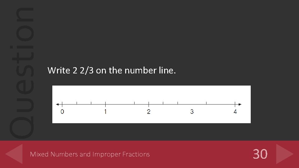 Question Write 2 2/3 on the number line. Mixed Numbers and Improper Fractions 30
