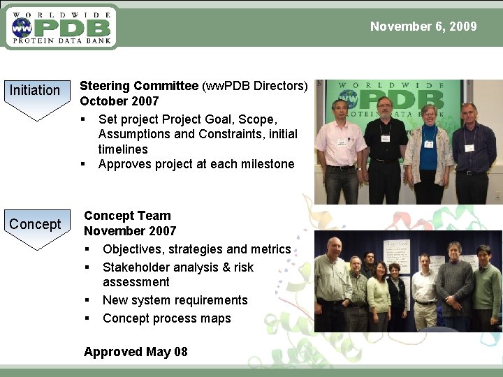 November 6, 2009 Initiation Concept Steering Committee (ww. PDB Directors) October 2007 § Set