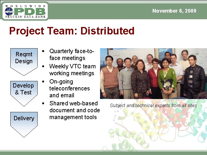 November 6, 2009 Project Team: Distributed Reqmt Design Develop & Test Delivery § Quarterly