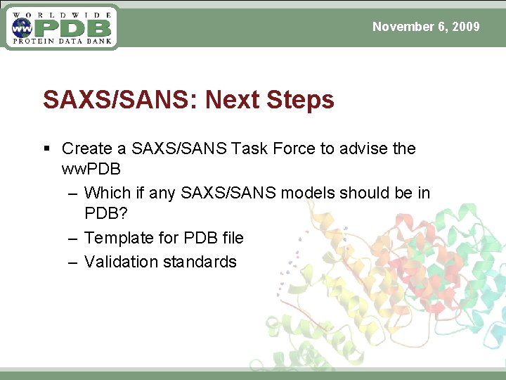 November 6, 2009 SAXS/SANS: Next Steps § Create a SAXS/SANS Task Force to advise