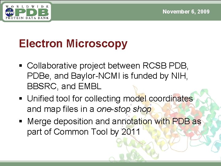 November 6, 2009 Electron Microscopy § Collaborative project between RCSB PDB, PDBe, and Baylor-NCMI