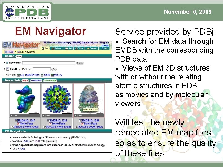 November 6, 2009 EM Navigator Service provided by PDBj: Search for EM data through