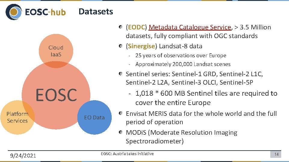 Datasets (EODC) Metadata Catalogue Service, > 3. 5 Million datasets, fully compliant with OGC